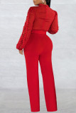Red Casual Solid Hollowed Out Patchwork With Belt O Neck Straight Jumpsuits(With A Belt)