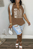 Grey Casual Letter Print Tassel Patchwork V Neck T-Shirts