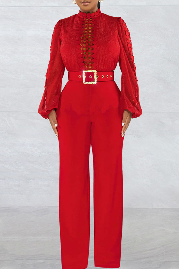 Red Casual Solid Hollowed Out Patchwork With Belt O Neck Straight Jumpsuits(With A Belt)