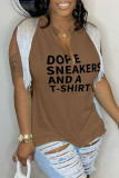 Coffee Casual Letter Print Tassel Patchwork V Neck T-Shirts