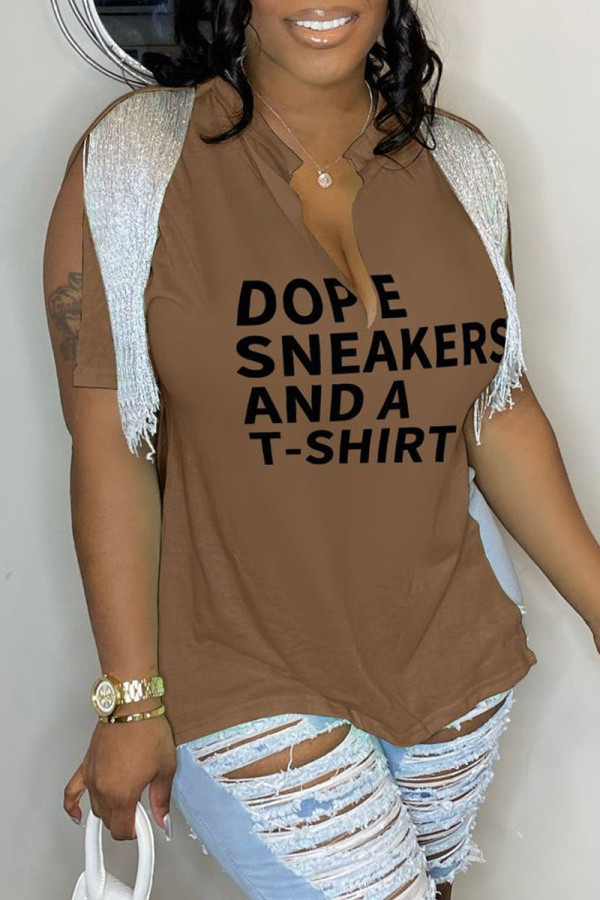 Coffee Casual Letter Print Tassel Patchwork V Neck T-Shirts