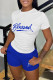 White Blue Casual Letter Print Basic O Neck Short Sleeve Two Pieces