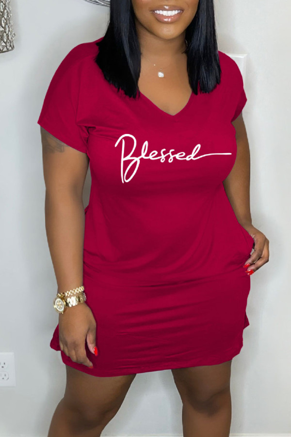 Burgundy Casual Print Patchwork V Neck Straight Dresses