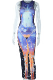 Colour Sexy Print Patchwork O Neck One Step Skirt Dresses