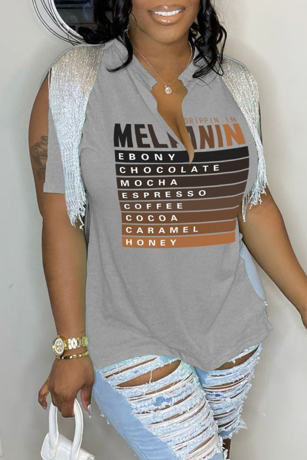 Grey Casual Letter Print Tassel Patchwork V Neck T-Shirts