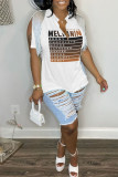 Coffee Casual Letter Print Tassel Patchwork V Neck T-Shirts
