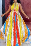 Yellow Casual Print Hollowed Out O Neck Long Dress Dresses