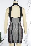 Black Sexy Print Patchwork Zipper Collar Pencil Skirt Dresses