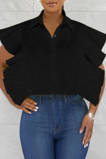 Black Casual Solid Patchwork Buckle Flounce Turndown Collar Tops