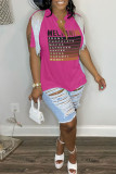 Coffee Casual Letter Print Tassel Patchwork V Neck T-Shirts