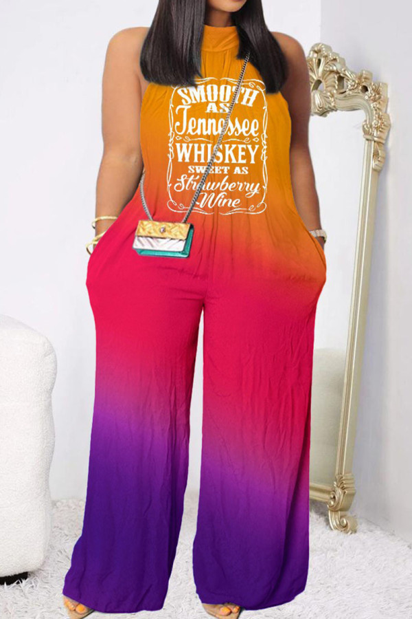 Orange Casual Gradual Change Print Patchwork O Neck Straight Jumpsuits