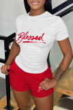 Red Casual Letter Print Basic O Neck Short Sleeve Two Pieces