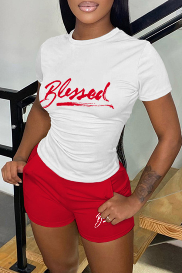 White Red Casual Letter Print Basic O Neck Short Sleeve Two Pieces