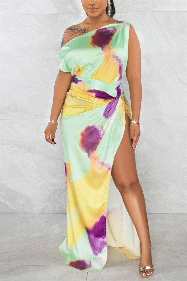 Green Sexy Simplicity Tie Dye High Opening Printing One Shoulder Printed Dress Dresses