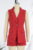 Red Casual Solid Patchwork Buttons Turn-back Collar Sleeveless Two Pieces