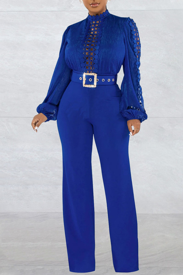 Blue Casual Solid Hollowed Out Patchwork With Belt O Neck Straight Jumpsuits(With A Belt)