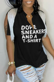 Coffee Casual Letter Print Tassel Patchwork V Neck T-Shirts