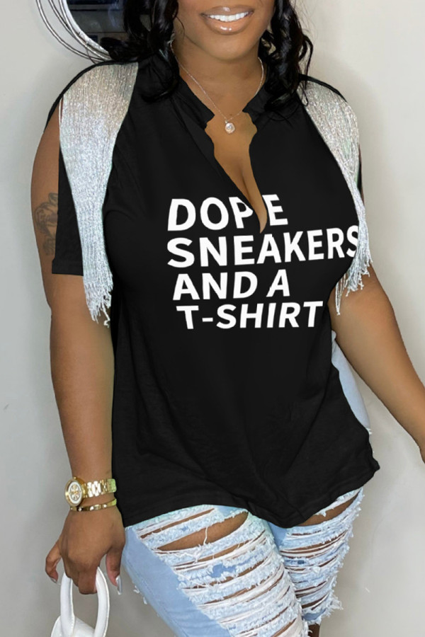 Black Casual Letter Print Tassel Patchwork V Neck T-Shirts
