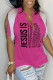Rose Red Casual Letter Print Tassel Patchwork V Neck T-Shirts