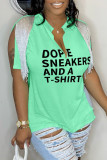 Coffee Casual Letter Print Tassel Patchwork V Neck T-Shirts