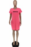 Rose Red Casual Print Letter O Neck Irregular Dress Dresses
