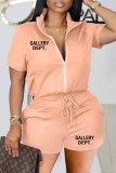 Pink Casual Print Letter Zipper Collar Short Sleeve Two Pieces