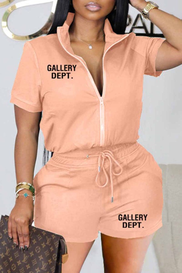 Pink Casual Print Letter Zipper Collar Short Sleeve Two Pieces