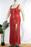 Red Sexy Solid Sequins Patchwork Slit U Neck Vest Dress Dresses
