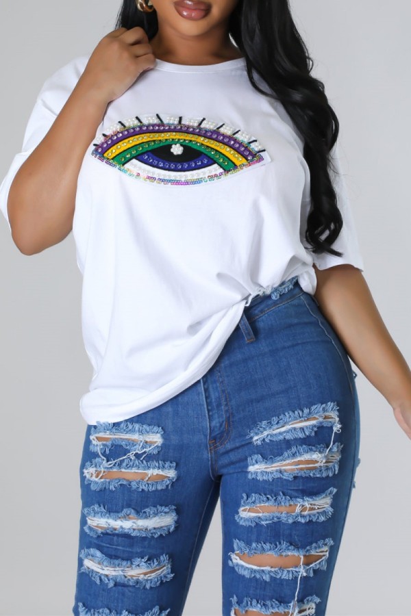 White Casual Patchwork Basic O Neck T-Shirts