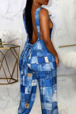 Blue Sexy Print Patchwork Backless Straight Jumpsuits