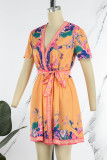 Orange Casual Print Bandage Patchwork V Neck A Line Dresses
