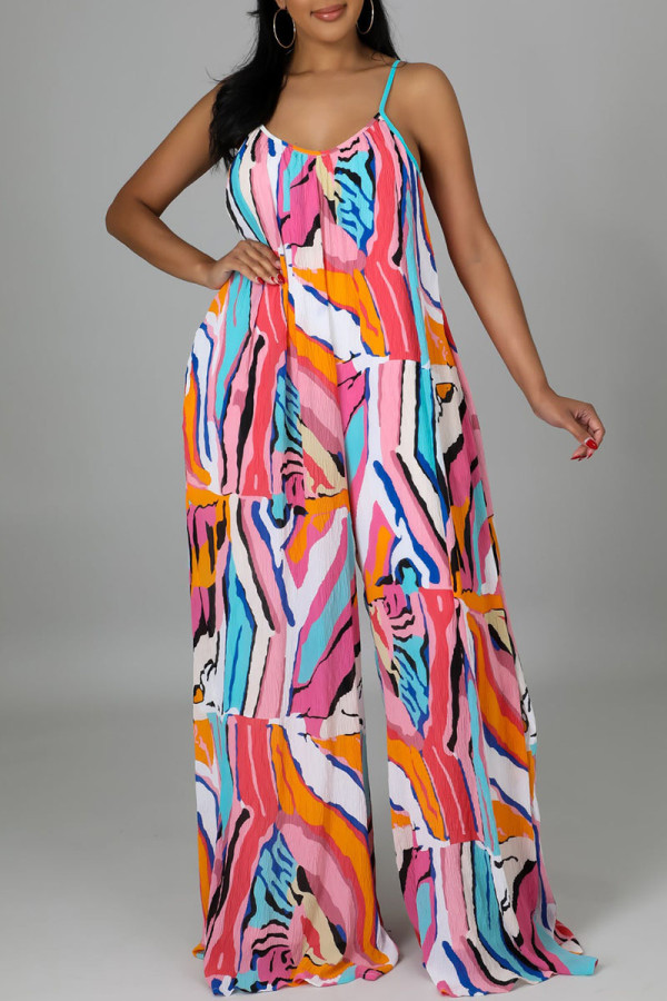 Pink Casual Daily Print Backless Spaghetti Strap Loose Jumpsuits(Without Belt)