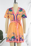 Orange Casual Print Bandage Patchwork V Neck A Line Dresses