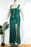 Green Sexy Solid Sequins Patchwork Slit U Neck Vest Dress Dresses