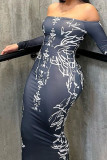 Black Sexy Print Patchwork Off the Shoulder One Step Skirt Dresses