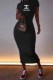 Black Casual Print Letter O Neck One Step Skirt Dresses