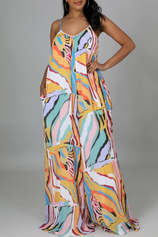 Yellow Casual Daily Print Backless Spaghetti Strap Loose Jumpsuits(Without Belt)