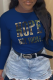 Navy Blue Casual Print Patchwork O Neck Tops