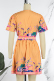Orange Casual Print Bandage Patchwork V Neck A Line Dresses