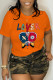 Tangerine Red Casual Street Print Patchwork O Neck T-Shirts