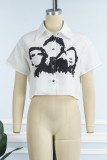 White Casual Street Print Patchwork Buckle Turndown Collar Tops