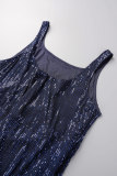 Deep Blue Sexy Solid Sequins Patchwork Slit U Neck Vest Dress Dresses