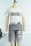 Orange Casual Letter Print Basic O Neck Short Sleeve Two Pieces