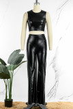 Black Casual Solid Patchwork O Neck Sleeveless Two Pieces