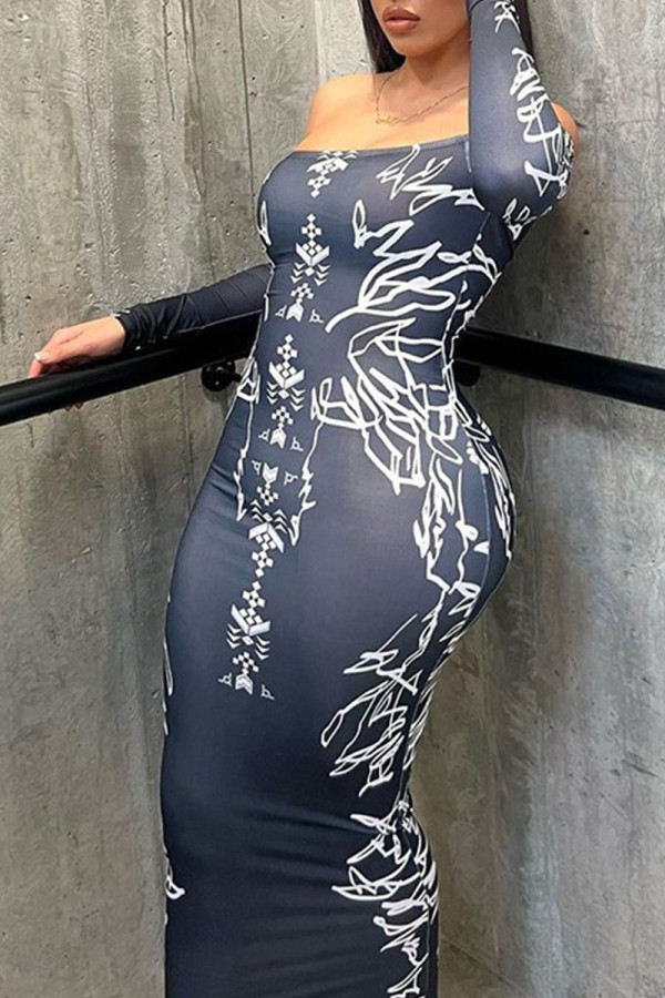 Black Sexy Print Patchwork Off the Shoulder One Step Skirt Dresses