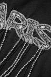 Black Casual Letter Hot Drilling Patchwork O Neck T-Shirts