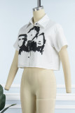White Casual Street Print Patchwork Buckle Turndown Collar Tops