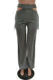 Grey Casual Solid Hollowed Out Draw String Boot Cut Wide Leg Patchwork Bottoms