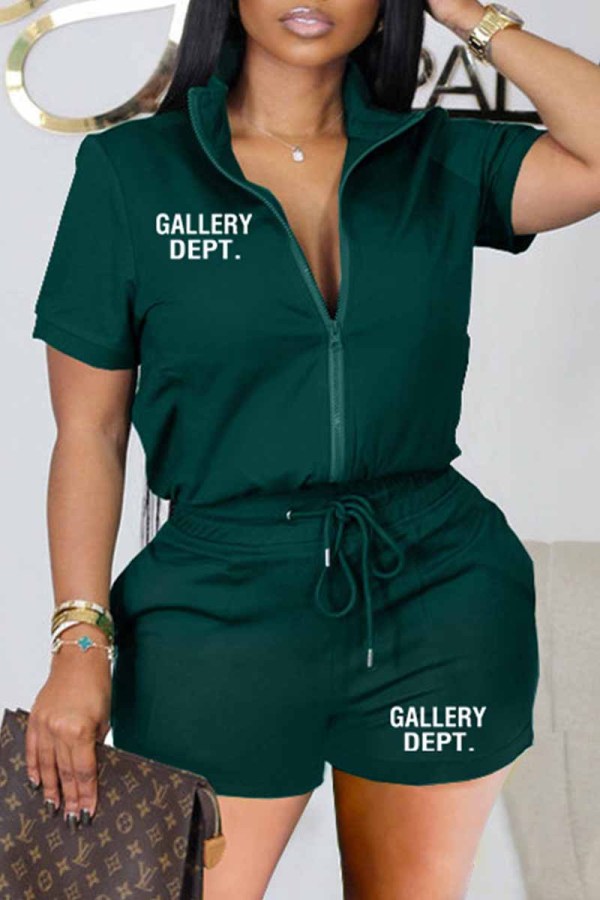 Green Casual Print Letter Zipper Collar Short Sleeve Two Pieces