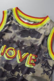 Camouflage Street Print Patchwork O Neck Tops